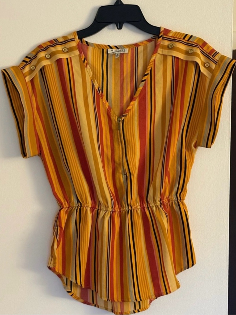 MILEAGE Vintage Style Multi-Color Striped Peplum Blouse V-Neck Cinched Waist